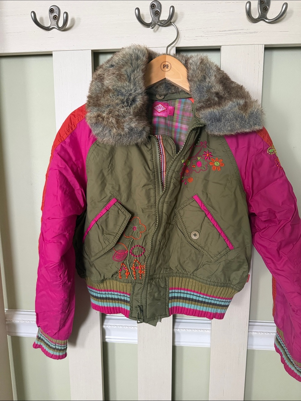 Oilily Olive Green Jacket with Hot Pink Sleeves and Faux Fur Collar